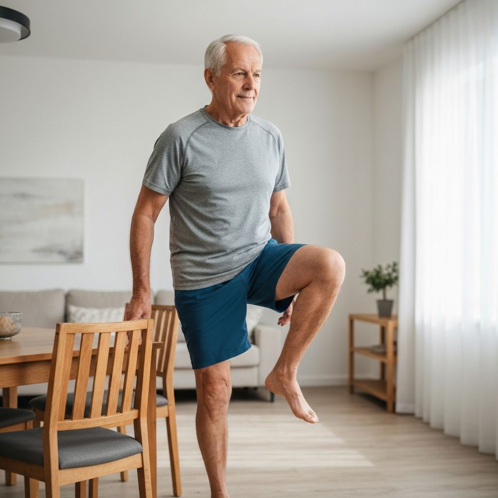 Senior using chair for standing support exercise