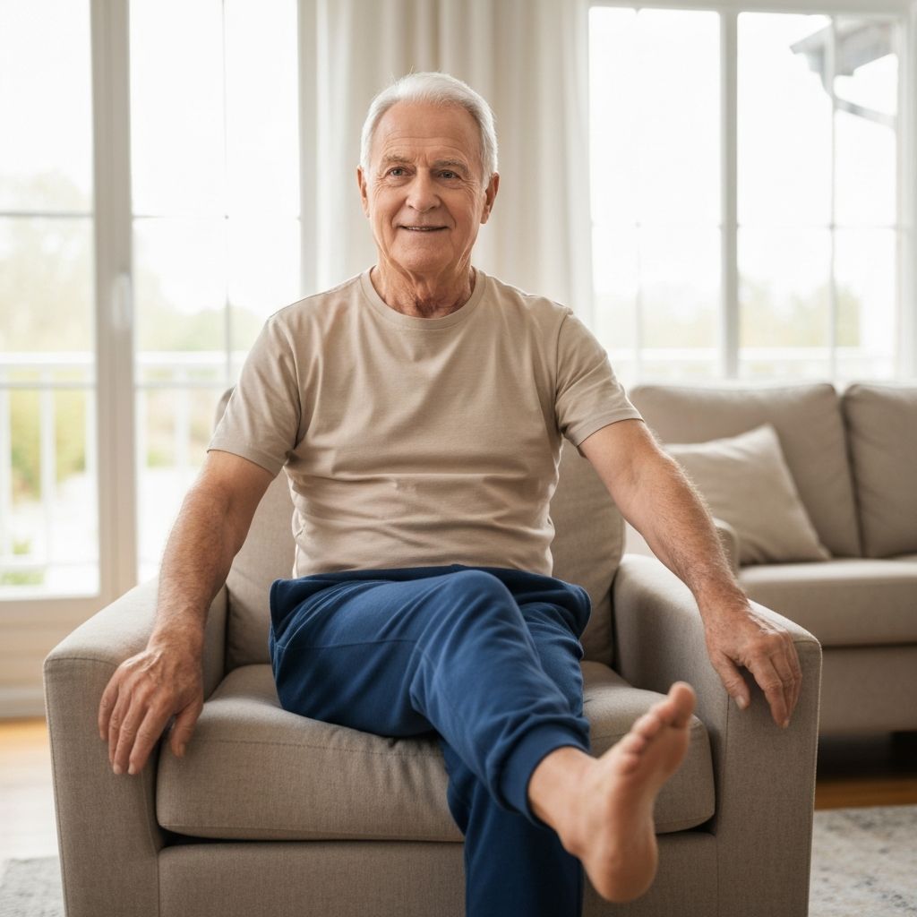 Senior performing leg and ankle stretching exercise